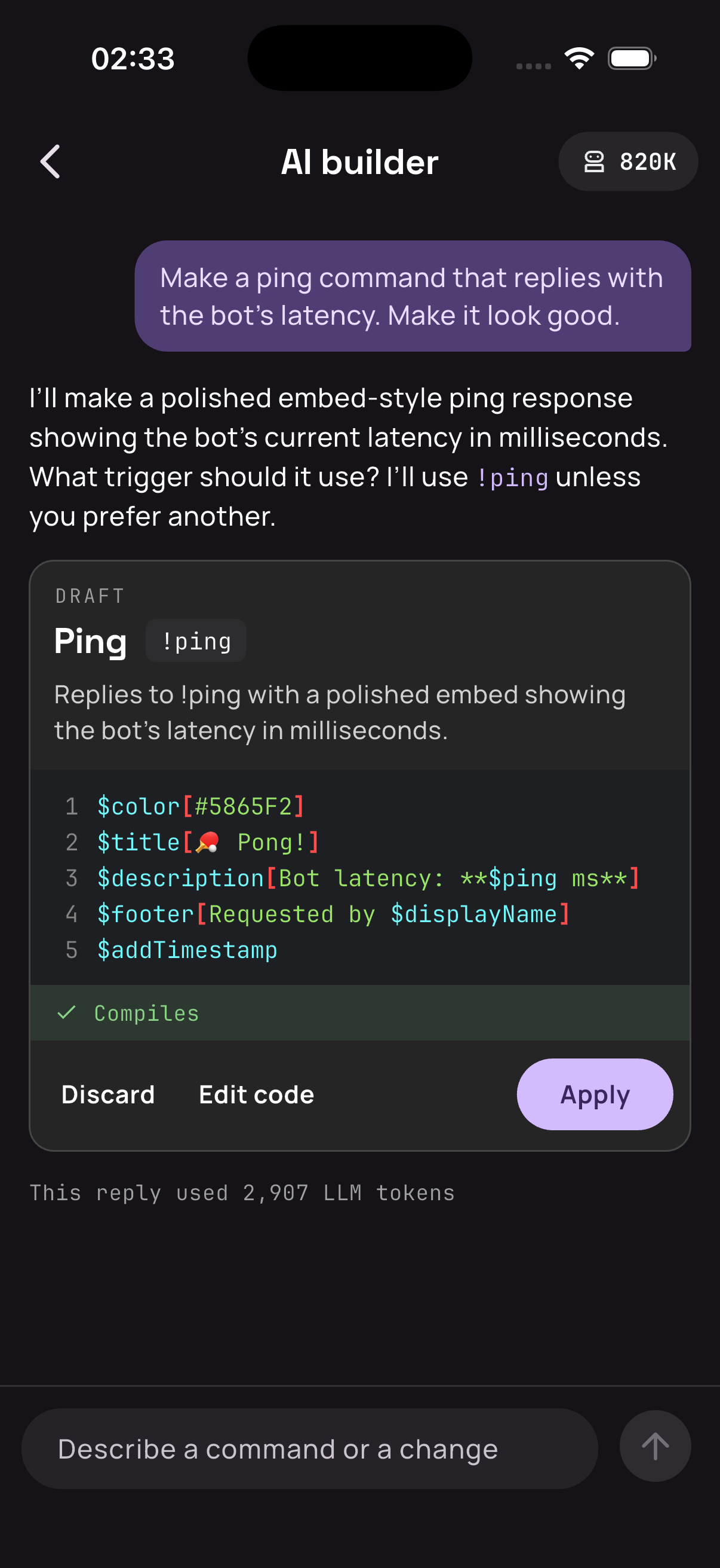 AI builder turning a request for a ping command into a BDScript draft that compiles